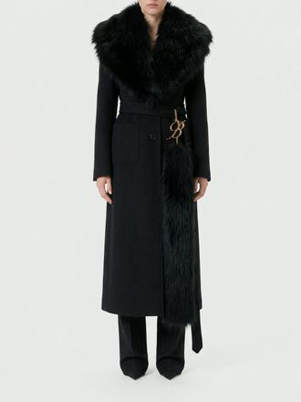 Blumarine Long Wool Blend Coat with Fur Collar and Belt