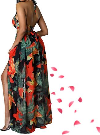 Generic Womens Floral Print Chain Decor Split Thigh Tie Back Cami Dress, Summer V Neck Tie Open Back High Slit Maxi Dress for Beach (Red,XXL)