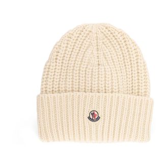 Moncler Witte Gebreide Logopatch Hoed - Dames - Hoeden - Wit - ONE Size - Wol - Accessoires