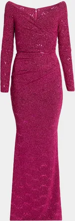 Talbot Runhof Sequined Off-Shoulder Long-Sleeve Gown