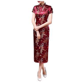 Generic Traditional Cheongsam Costume Print High Slit Side Chinese New Year Party Cocktail Bodycon Brocade Short Sleeve Long Chinese Dress Cheongsam for Women