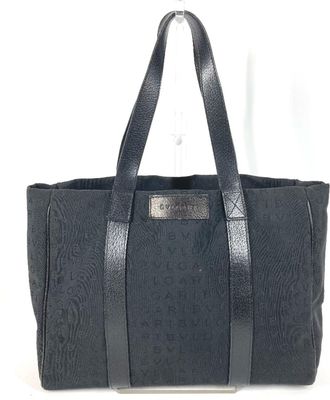 Bulgari Logomania Black Leather Canvas Shoulder Bag Tote Bag (Pre-Owned)