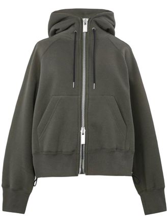 sacai Cropped Boxy Hooded Sweatshirt with Front Zipper and Ribbed Detail