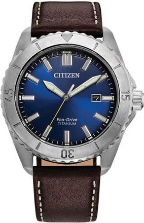 Citizen Brycen Eco-Drive Leather Strap Watch, 41mm in Blue/black-Multi at Nordstrom Rack
