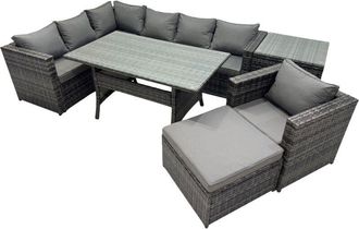 Fimous Fimous Outdoor PE Rattan Sofa Set with Dining Table Patio Garden Furniture Sets with Chair Big Stool Side Table Dark Grey Mixed