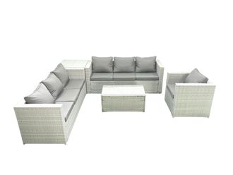 Fimous Wicker PE Rattan Sofa Garden Furniture Set with Armchair Oblong Coffee Table Side Table Light Grey Mixed