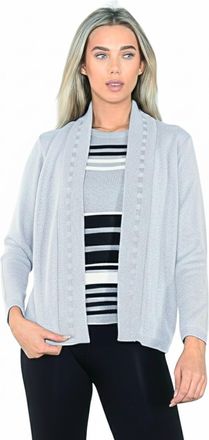 Janisramone Womens Twin-Sets, Long Sleeve Stripped Knitted Jumper with Plain Women Open Front Cardigan, Stylish Warm Ladies Twin Sets Knitwear Grey