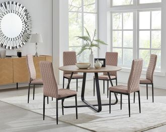 Furniturebox Santorini Brown Round Dining Table & 6 Milan Black Leg Chairs in Beige