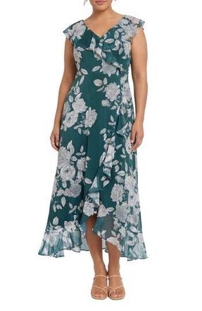 London Times Floral Ruffle Cap Sleeve Faux Wrap Maxi Dress in A Teal/White at Nordstrom Rack, Size 16W