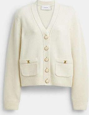 Coach Womens Heritage C Cardigan in White, Size X-Large | 100% Wool