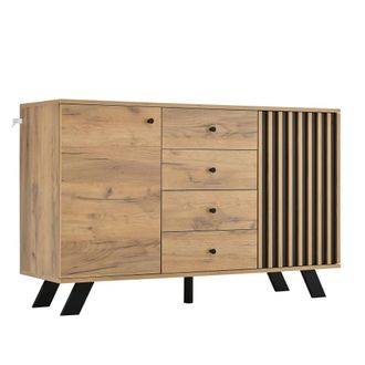 Urban Meuble Aparador de madera efecto roble y negro con 4 cajones y 2 puertas