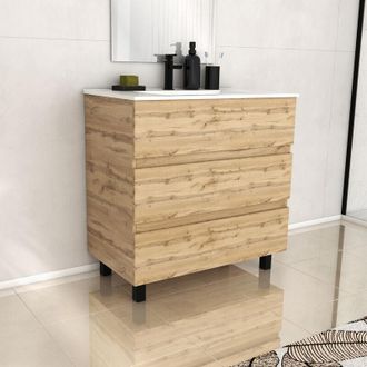 Aurlane Aurlane - Mueble de Baño 80cm 3 CajonesRoble Natural + Lavabo de cerámica Blanco - timber 80