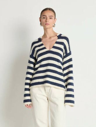 Nation Ltd Renata Popover Belled Sleeves Top In Navy Cream Marine Stripe
