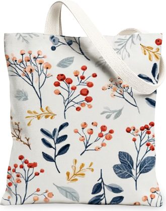 Generic Floral Berries Canvas Tote Bags, Elegant Plant Pattern Reusable Grocery Bags, Vintage Lightweight Washable Shoulder Strap C, White, 13x15 Inch