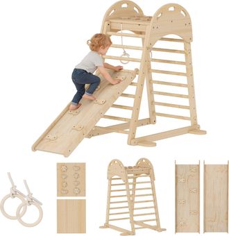 OEM 6 En 1 Tri&aacute;ngulo De Escalada Montessori Con Plataforma Y Anillos Estructura De Escalada De Madera Con Tobog&aacute;n Natural
