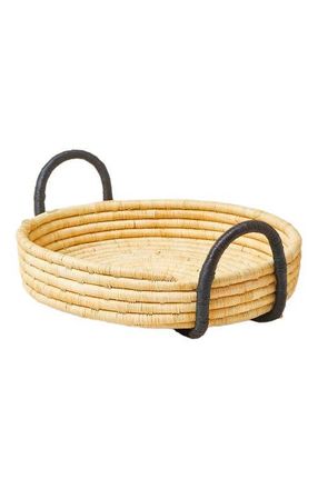Indego Africa Contrast Handle Raffia Tray in Natural And Black at Nordstrom