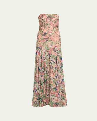 Saloni Kristie Strapless Floral Drop-Waist Gown