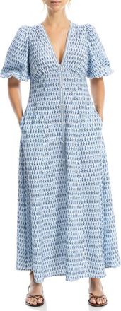 Max Studio Bubble Sleeve Maxi Dress in Cream/Blue Daisy Stamp at Nordstrom Rack, Size X-Large