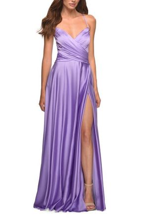 La Femme Bright Satin Gown with Criss-Cross Ruched Top in Lavender at Nordstrom, Size 00