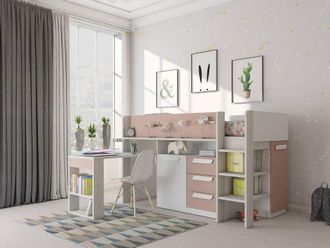 Vente-Unique Cabin Bed With Desk & Storage - 90 X 200 Cm - Pink, Natural and in Pink | Size: Single