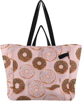 Generic Donuts Pink print Reusable Canvas Tote Bag, Heavy Duty Grocery Shopping Bag with Large Capacity Hard Bottom Double Handles Work Groceries Travel