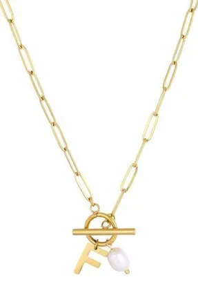 Adornia 18K Gold Plated Pearl & Initial Toggle Pendant Necklace in White/Gold-F at Nordstrom Rack