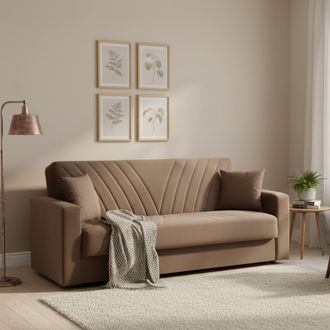 Dmora Sof&aacute; Cama Dfossat, Sof&aacute; Cama Con Almacenaje Lineal 3 Plazas Con 2 Cojines Incluidos, Sof&aacute; De Sal&oacute;n En Tela Acolchada Con Apertura Click-clac, 214x81h8
