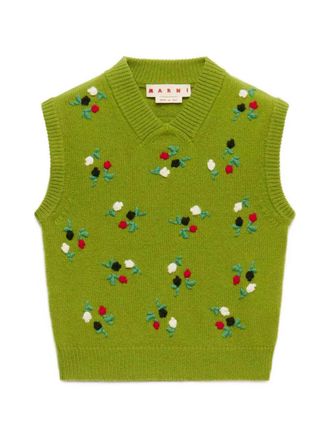 Marni Green Wool And Cashmere Vest With Floral Embroidery