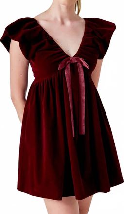 endless rose Velvet Satin Bow Mini Dress In Burgundy