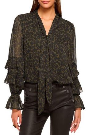 Ramy Brook Bonnie Metallic Stripe Leaf Print Top in Black /Deep Olive Foliage at Nordstrom Rack, Size X-Small