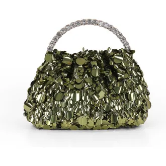 Badgley Mischka Holly Crinkle Sequin Crystal Handle Pouch Clutch in Green at Nordstrom, Size Small