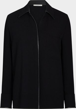 Vince Crepe Button-Front Blouse with Faux Leather Trim