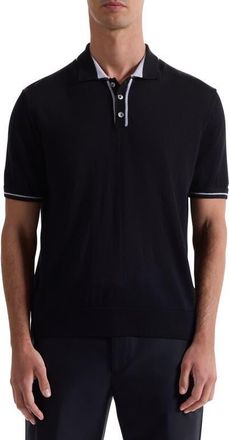 Bugatchi Tipped Merino Wool & Silk Polo Sweater in Black at Nordstrom, Size X-Large