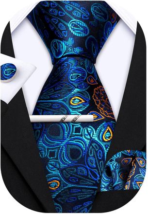 Barry.Wang Mens Ties Set Silk Floral Paisley Necktie Pocket Square Cufflinks Clip 4PCS Set Business Wedding Party Work for Men Tie