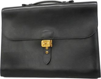 Herm&egrave;s Black Box Calf Leather Briefcase (Pre-Owned)