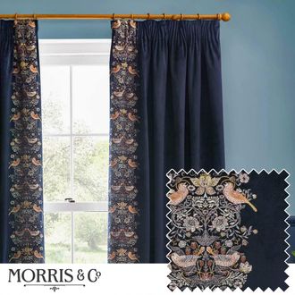 Morris & Co. Strawberry Thief Embroidered Velvet Room Darkening Pencil Pleat Curtain Pair in Indigo | Size: 117 cm width x 183 cm drop