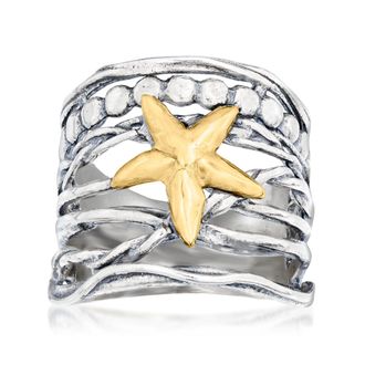 Ross-Simons Sterling Silver and 14kt Yellow Gold Multi-Row Starfish Ring