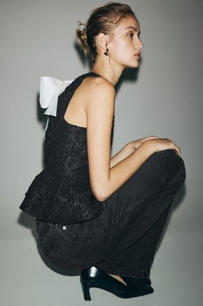 H&M Bow-detail Peplum Top in Black at Nordstrom, Size Xx-Large