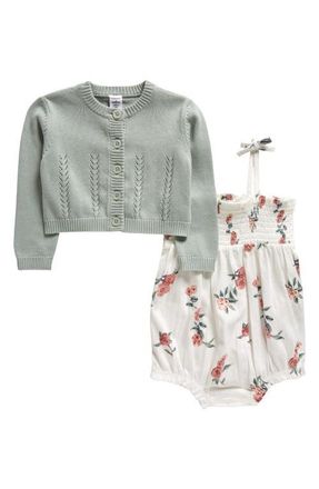 Nordstrom Floral Cotton Bubble Romper & Cardigan Set in Ivory Egret Leona Floral at Nordstrom, Size 18M