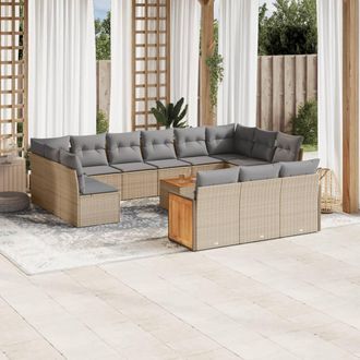 vidaXL Set De Sof&aacute;s De Jard&iacute;n Y Cojines 14 Pzas Rat&aacute;n Sint&eacute;tico Beige Vidaxl