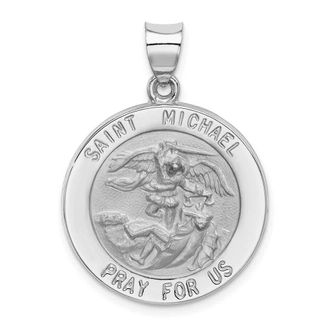 Diamond2Deal 14k White Gold and Satin Hollow St. Michael Medal Round Pendant