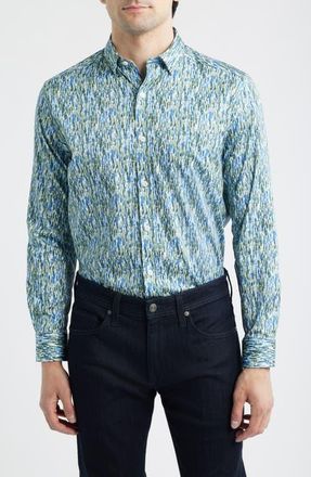 Johnston & Murphy Logan Print Button-Up Shirt in Green/Blue Brush Stroke at Nordstrom, Size Xxx-Large