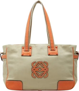 Loewe Beige Orange Canvas Leather Shoulder Bag Tote Bag (Pre-Owned)