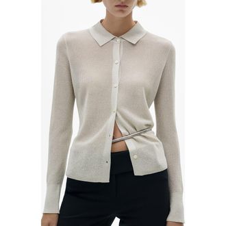 Mango Metallic Button-Up Shirt in Silver at Nordstrom, Size Medium