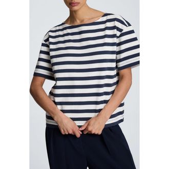 Kenneth Cole Stripe Boatneck Cotton T-Shirt in Pure White/dk Navy at Nordstrom, Size X-Small