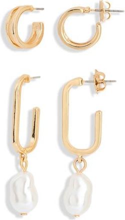 Leith Set of 2 Assorted Hoop Earrings in White- Gold at Nordstrom Rack