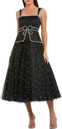 Mac Duggal Sleeveless Embellished Crepe And Tulle Midi Dress in Black Ivory at Nordstrom, Size 14