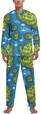 Generic Green Map Mens Pajamas Set Long Sleeve Shirts And Bottoms Pj Sets Soft Sleepwear Lounge Set