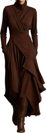 Generic Womens Elegant High-Neck Asymmetrical Maxi Dress,Solid Color High Neck Fitted Irregular Cross Hem Dress (Brown,XXL)