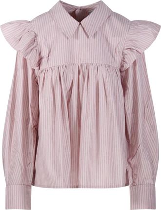 Ganni Oxford Stripe Frill Blouse - Dames - Blouses - Roze - XS - Katoen - Overhemden